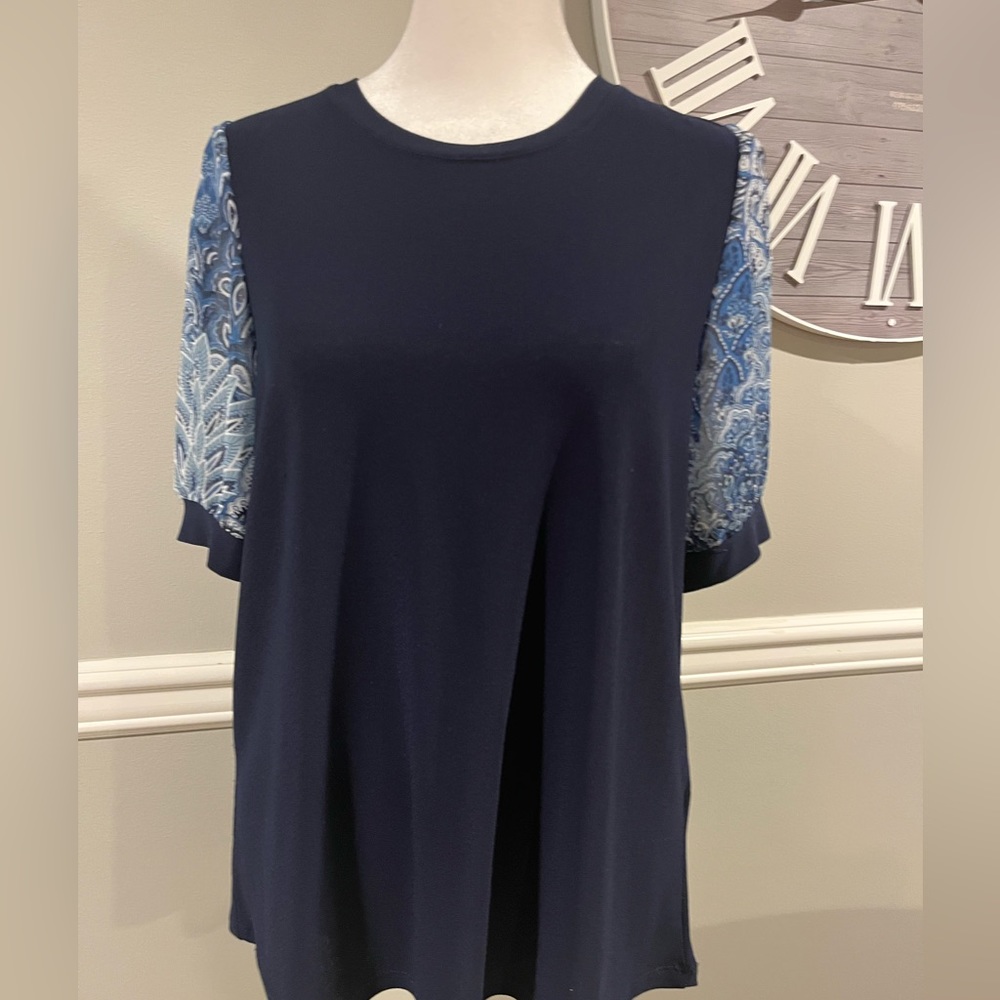 Women's CeCe Short Sleeve Top -Navy Blue with Chiffon sleeves NWOT Size …